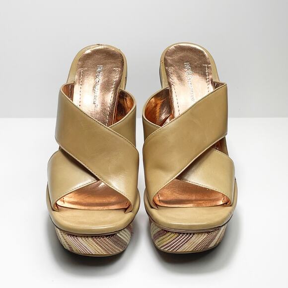 BCBGeneration Women's Platform Wedge Sandals Tan Vertical Stripe Mojave 9M NEW - Picture 2 of 9
